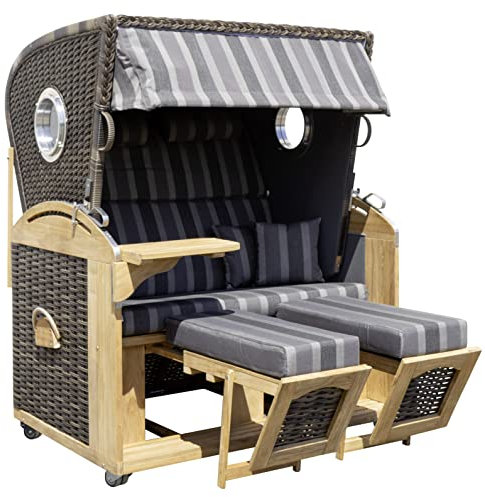 Trendyshop365 Strandkorb Teak XL 2-Sitzer aufgebaut mit Bullaugen Lifter Rollen Hülle Kissen Polster anthrazit-gestreift, 45293