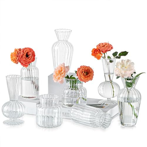 Hewory Kleine Vasen für Tischdeko, 8 Stück Vintage Glasvasen für Tischdeko Vase Glas Mini Vasen Set, Klare Glasvase Verschiedene für Deko Modern Hochzeitsdeko Tisch