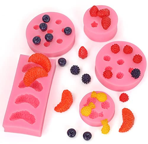 Kurtzy Frucht-Gießform Silikon Set (5 Stk) - 3D Ananas, Orange, Erdbeere, Heidelbeere & Maulbeere Kunstharz Formen - Silikonformen Epoxidharz, Gelee, Schokolade, Fondant & Seife - Silikonformen Backen