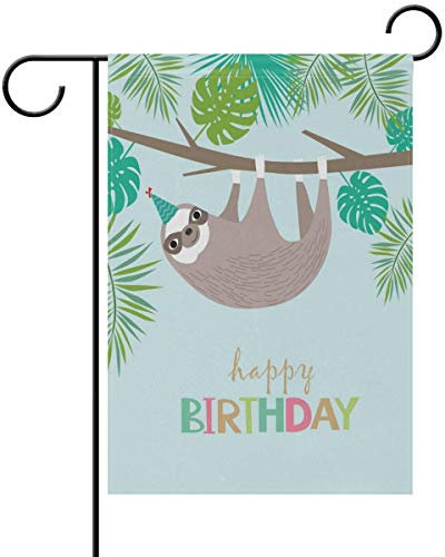 Drapeau de jardin « Happy Birthday » avec motif paresseux et feuilles de palmier - Décoration durable pour la maison, le jardin, Halloween - 32 cm x 48 cm