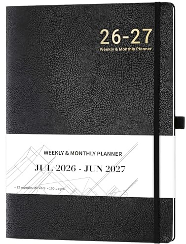 Agenda scolaire semainier 2026-2027 A4 | Agenda 2026-2027 de juillet 2026 à juin 2027 avec autocollants, couverture en cuir, papier épais, poche intérieure, noir