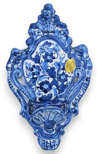 Acquasantiera in Ceramica Siciliana - h 23 x 14 cm ca. Fondo Blu, Decoro Fiori MD5