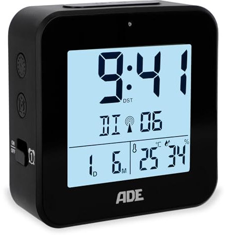 ADE Sveglia radio controllata digitale con batteria | 2 orari di sveglia | termometro e igrometro | sveglia da viaggio | orologio radiocontrollato | funzione snooze | nero