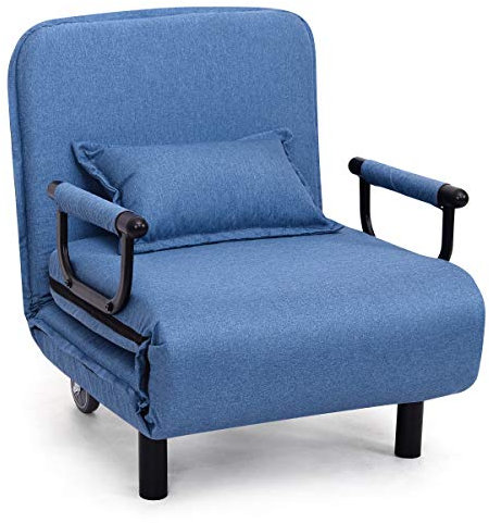 GOPLUS Klappbarer Schlafsessel, aus Schaumstoff & Polyestertuch, mit Armlehnen & Kissen, mit fünfstufig Verstellbarer Rückenlehne, Klappsessel mit Bettfunktion, bis zu 150 kg belastbar (Blau)