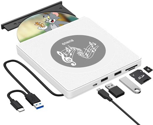 BUNUD External DVD Drive USB-C: DVD Burner External USB 3.0 Portable CD +/-RW Drive with 2 USB and TF/SD Slots - External DVD Writer/Player for Laptop Windows 11 MacBook Air PC Desktop Linux OS