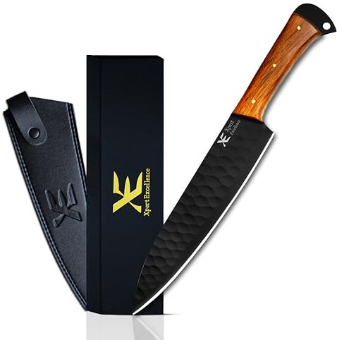 XE Coltello da Chef in Acciaio Inossidabile Nero - Coltello da Cucina Ideale per la Casa, Coltello per Tritare Verdure con Manico in Legno e Copricoltello
