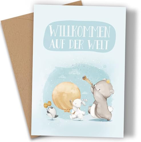 Premium Karte zur Geburt - Geburtskarte Mädchen & Junge - schöne Karte Geburtstag Baby Karte mit Kraftpapier Umschlag - Willkommen auf der Welt - niedlichem Aquarell Elefant Hase Klappkarte (A6)