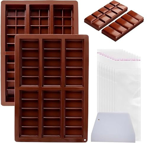 Schokoladenform Silikon, 2 Stück Silikon Tief Schokoladentafel Form mit 1 Schaber und 100 Tasche,Antihaft Backform Schokolade Form Tief Süßigkeiten Protein Form für dubai Schokolade Pudding Süßigkeite