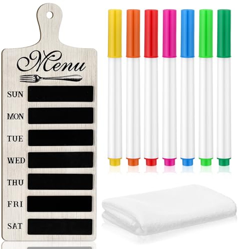 Maxdot Weekly Menu Board Kitchen 16.5 x 6.3 Inches Wood Menu Planner Board with 7 Markers and Towel Kitchen Weekly Planner Plaque Wall Signs for Dinning Room Home Decor