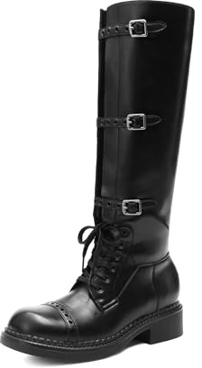 DREAM PAIRS Women's Knee High Boots Combat Boots Lace Up Square Toe Buckle Chunky Low Heel Fall Booties with Side Zipper,Size 7,Black,DWUMKB2512