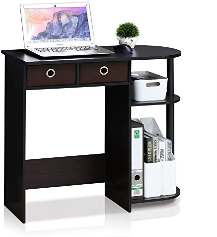 Furinno Go Green Desk, 31.5 Wide Gaming Desk with 2 Side Shelves and Storage Bins, Computer Desk, Office Desk for Home Office, Study Room, Dorm, Bedroom, Dark Walnut
