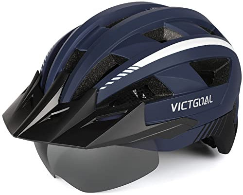 Victgoal Bike Helmet for Men Women with Led Light Detachable Magnetic Goggles Visor Mountain & Road Bicycle Helmets Adjustable Size Adult Cycling Helmets (L: 22.4-24 inch (57-61 cm), Navy)