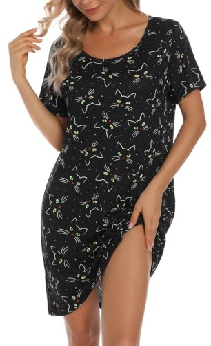 ENJOYNIGHT Chemise de nuit d'été pour femme en coton imprimé à manches courtes T-shirt de nuit pour femme Vêtements de nuit | Nuisette légère en coton mélangé, joli vêtement de détente confortable imprimé, taille M-2XL