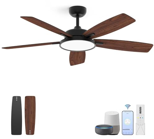 Roomratv 52 Inch Smart Ceiling Fan with Light,App Control,Ultra Silent Reversible DC Motor Fan Remote Control Compatible with Alexa Google home（black）