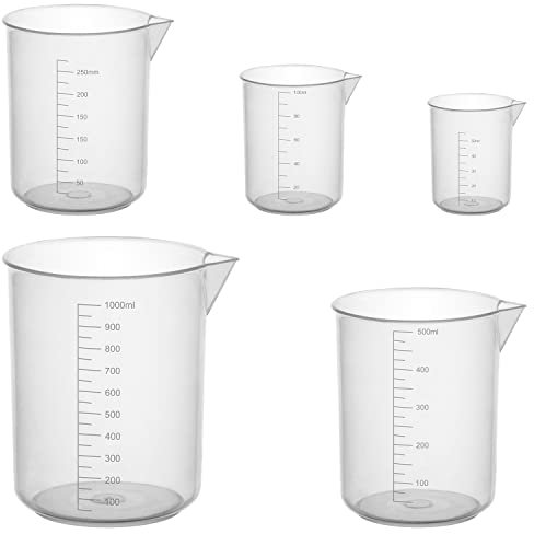stonylab Plastic Beaker Set, Clear Plastic Graduated Beaker with Pouring Spout Measuring Beaker Set Liquid Cup Container in 5 Sizes, 50 ml/100 ml/250 ml/500 ml/1000 ml (1 L), Combo Pack