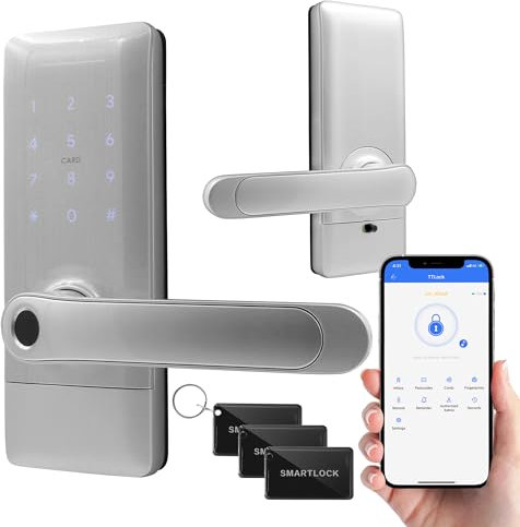 EURA ELH-02H4 Smartes Türschloss mit Griff, Codeschloss, 13,56 MHz Näherungsleser, biometrisches Lesegerät, App TTLock/TTHotel, IP65, universeller Riegelabstand, silbernes