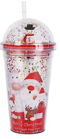 Christmas Water Tumbler 480ml Plastic Glitter Double Walled Cup 3D Snowman Christmas Tree Santa Cups Tumbler with Lid and Straw Xmas Confetti Insulated Straw Cup for Drinking Xmas Party Gifts (A)