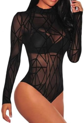 BKEPDY Body Mujer Sexy Mesh Bodies Vestir Manga Larga Elegante Mono de Negro Mujer Clásico Bodysuit Jumpsuit Suave Cálida Tops(S)