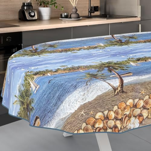 Nappe en toile cirée lavable pour table ANRO, de forme ovale, pour l'intérieur et l'extérieur, pour les vacances, 160 x 140 cm, avec ourlet