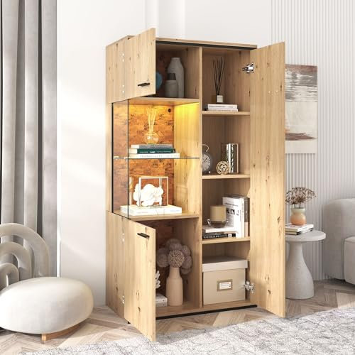 HYUB Vitrine 52 x 40 x 155cm mit viel Stauraum, Retro Aufbewahrungsschrank Vitrinenschrank Glasvitrine Standvitrine Bücherschrank Hochschrank für Wohnzimmer Büro, Holzfarbe