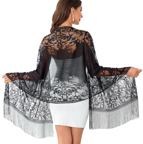 KSJEHW Damen Blumen Umschlagtuch Umhang Schal Spitzenschal Flügel Schal mit Quasten, weiches Netz Fransen Wraps für Hochzeit, Party(Schwarz)