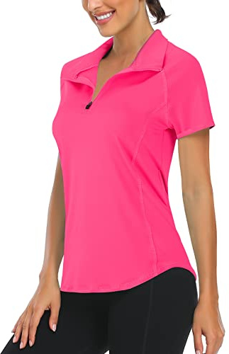Syphiby Polo de sport à manches courtes pour femme, fermeture éclair 1/4, évacuation de l'humidité, haut de golf, sport, entraînement, course à pied, T-shirt S-XXL, rose vif, XXL