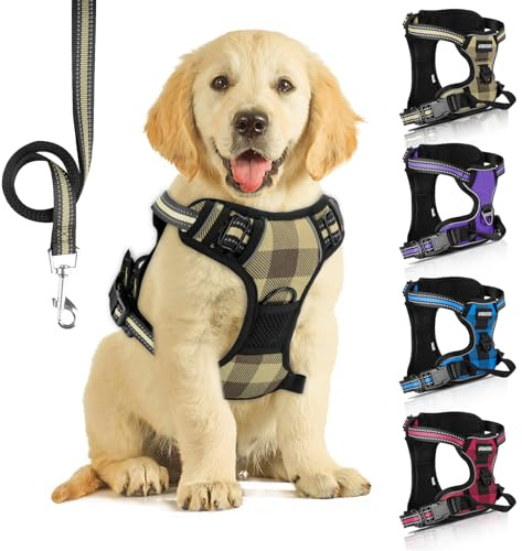 SIBOTER Pettorina Cane, Pettorina Regolabile per Cane di Taglia Media e Piccola con Guinzaglio, Traspirante, Antifuga, per la Corsa, Passeggiate, Jogging (L, Plaid Giallo)