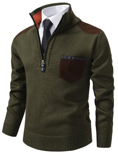 JENJON Homme Pull Tricoté Col Montant Grosse Maille Couleur Contrastée Pullover à Manches Longues avec Fermeture Éclair Épais Automne Hiver