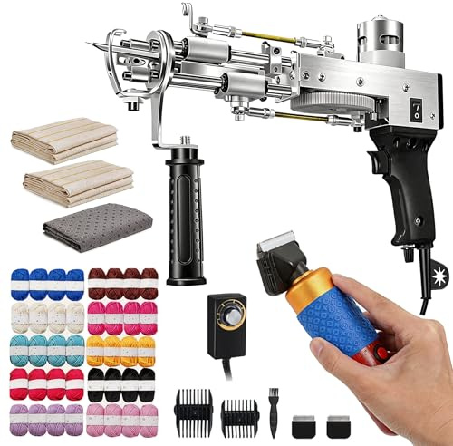 Pistola Mechones, Juego Mechones Máquina Mechones para Alfombras Cortador Alfombras para Pelo Cortado y Pila Bucles 40 Rollos Hilo con Paños Mechones Juego Fabricación Alfombras con Pistola Mechones