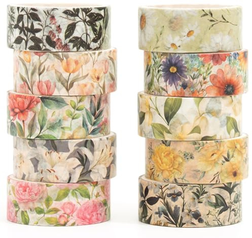 Songdao 10 Rollos Flor Washi Tape Set cinta adhesiva decorativa Washi Glitter Adhesivo de Cinta Decorativa para DIY Crafts Scrapbooking (2-Romance)
