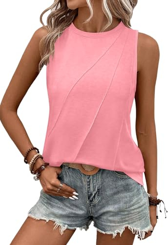 Chicrise Tank Top Mujer Elegante Pliegues Camiseta Sin Mangas Cómodo Blusas Tallas Grandes Rojo 2X Grande 50-54