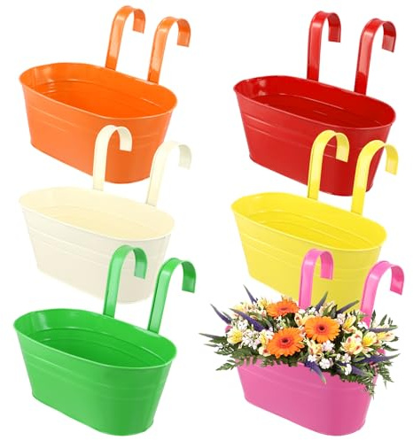 ZOENHOU 6 confezioni di vasi da fiori sospesi colorati, vaso da parete in metallo staccabile con foro di drenaggio, vaso da balcone per recinzione, per interni ed esterni, nero