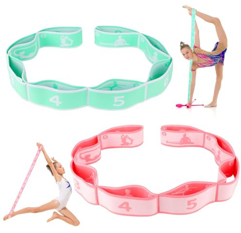 Zuimei 2Pcs Stretching Bands Gymnastics Stretch Band Yoga Straps with 8 Adjustable Loops for Stretching, Leg Stretcher Strap Yoga Pull Strap Flexstrap for Pilates, Dance, Gymnastics, Pink,Green