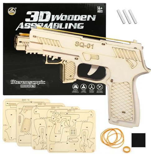 CutitiUU Puzzle en Bois 3D modèle assemblé de Pistolet Mauser,Pistolet en Bois en Caoutchouc pour Enfants,Puzzle 3D en Bois Maquette en Bois a Construire Jouets avec élastiques (A)