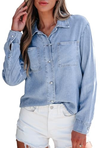 Sidefeel Women's Chambray Shirt Long Sleeve Button Down Jean Shacket Spring Outfit 2025 Denim Blouse Top Iceland Blue X-Large