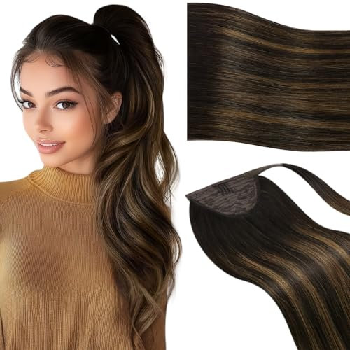 Vivien Queue de Cheval Extension Humain Balayage Brun Ponytail Extension Cheveux Vrais Brun Foncé Ombre Clair Invisible 30cm 70g #2/8/2