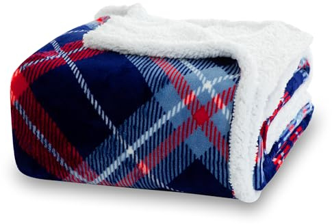 Winthome Manta Gruesa Cálida, Plaid Sofa Cama Suave y Esponjosa, Mantas Polar Sherpa con Diseño de Doble Capa, Cobijas de Invierno para Niños Adultos, Blanket Navidad (Cuadros Azules, 150x200cm)
