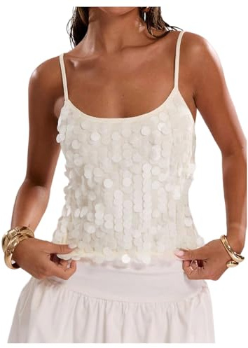 SOLY HUX Women's Sparkly Sequin Tops Spaghetti Strap Scoop Neck Summer Camisole Going Out Party Club Top Plain White Medium