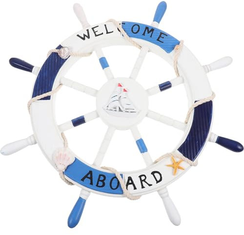 VOSAREA Steuerrad Schiff Deko Groß 45cm Holz Steuerrad Nautische Deko WELCOME Schiffsrad Schiff Steuerrad mit Muschel Seestern, Holz Steuerrad Schiff Wandkunst Deko