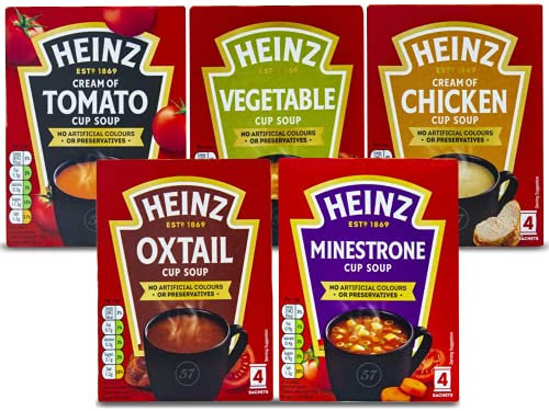 Heinz Lot de 5 tasses à soupe Crème de tomate, légumes, poulet, minestrone, queue de bœuf 4 sachets