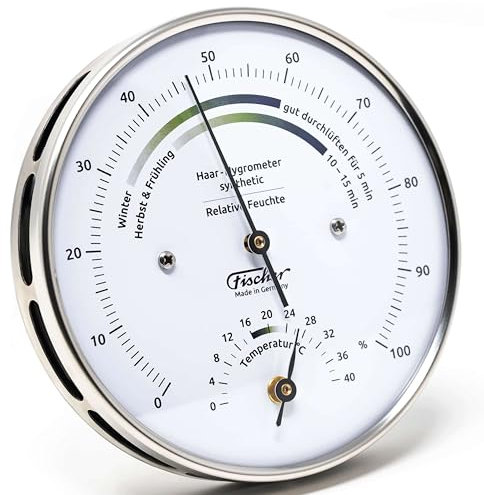 Fischer 122.01HT - Wohnklima-Hygrometer und Raum-Thermometer - 103mm Edelstahl-Luftfeuchtigkeitsmesser - Made in Germany