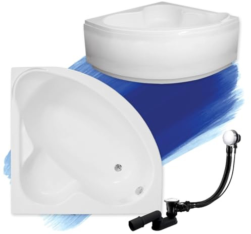 Baignoire d'angle BADLAND - Blanc - En acrylique - Standard - 130 x 130 cm - Kit complet avec tablier en acrylique blanc + pieds et bonde d'évacuation automatique exclusive chromée - Fabriqué en UE -
