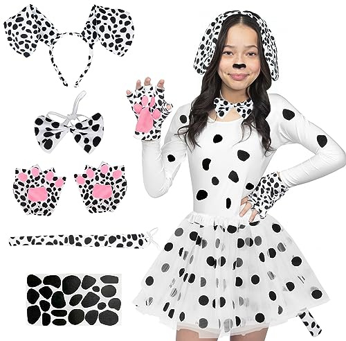 CHMMY Dálmatas Disfraces Cruella Disfraz Niños Orejas de dálmata Diademas Cola Pajarita Papel adhesivo Falda de tul Disfraz de dálmata Conjunto Disfraz de Halloween Cosplay Mujer Niños