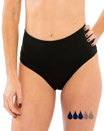 SORIO® Bas de Maillot de Bain Menstruel Taille Haute Femme et Adolescente - Absorbant Antifuite et Anti Odeur - Maillot de Bain Menstruel Flux Moyen - Couvrant Confortable et Discret - Naya, Noir, L