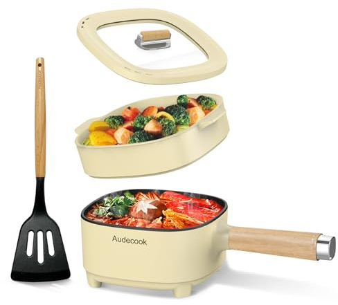 Audecook Padella elettrica 2L, Padella in Ceramica Antiaderente Aggiornata 20cm, Multifunzione Pentola Elettrica Cuocipasta per Bistecca,Uova,Ramen,Farina d'avena (Beige, 2 litri)