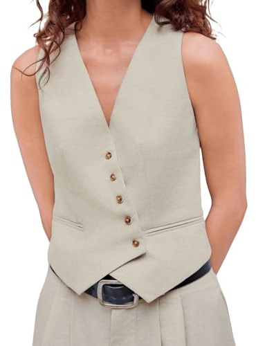 CIDER Women's Vest V Neck Sleeveless Linen-blend Work Blazer Vest Crop Button Suit Vest for Summer Casual Trendy: Beige, M