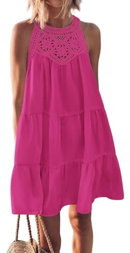 GUCURIN Femmes Hollow Out Halter Robes Été Casual sans Manches A-Ligne Robe d’Été Swing Plage Vacances Mini Robe, Rouge Rosé, XL