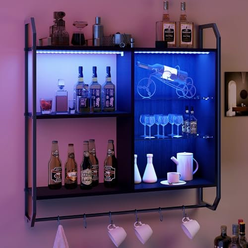 ARTETHYS Floating Shelves, Shelves for Wall, 83cm LED Wood Pipe Shelf with Adjustable Glass Shelf, Display Book Shelf with 6 Hooks for Bedroom Gaming Room Bar, Black Carbon Fiber