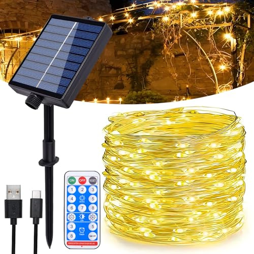 Hopelit Catena di luci solari per esterni, 20 m, 200 LED, per esterni, filo di rame, IP65, impermeabile, con telecomando, 8 modalità, per decorazioni natalizie, balcone, giardino, bianco caldo