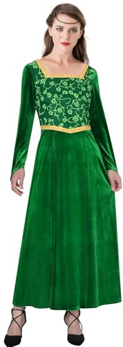 Funhoo Femme Costume Fiona Princesse Robe Une Pièce Vert Velours Manches Longues Robe Halloween Cosplay Fête Tenue